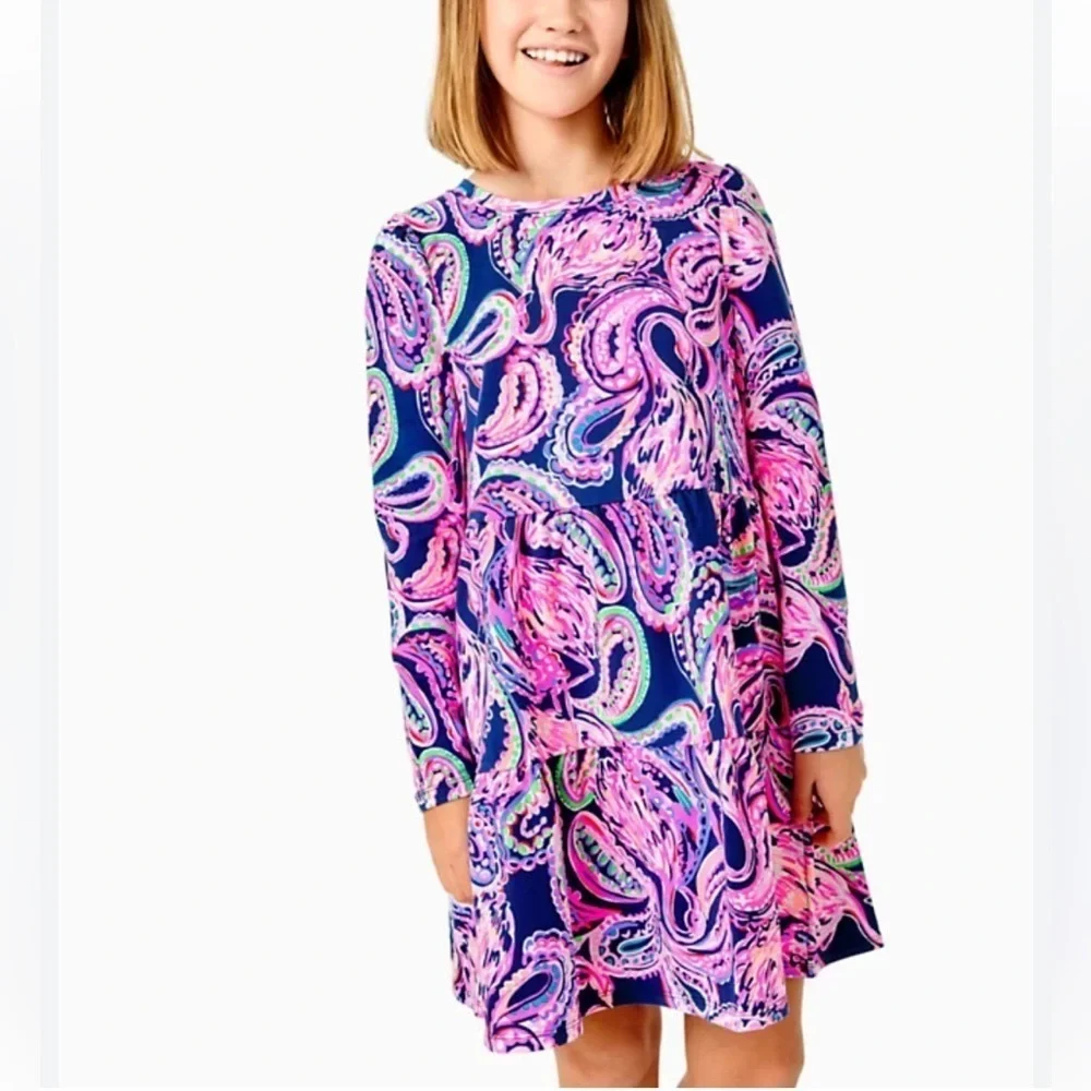 Lilly Pulitzer Mini Arlette flamingo Print long sleeve tiered kids Dress